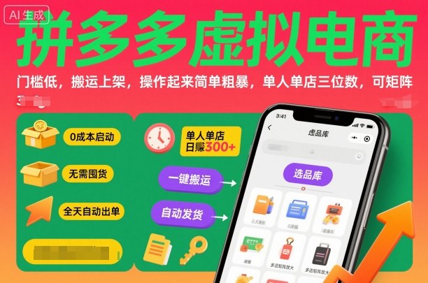 拼多多虚拟电商，门槛低，搬运上架，操作起来简单粗暴，单人单店三位数，可矩阵-聊项目