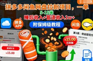 拼多多闲鱼网盘拉新项目，一单5-15米，睡后收入+管道收入1w+(附保姆级教程)-聊项目