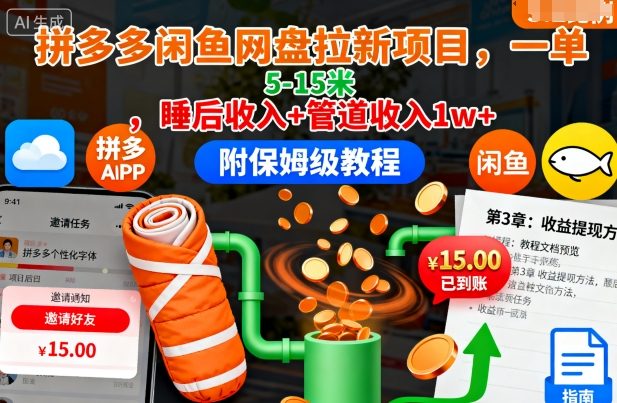 拼多多闲鱼网盘拉新项目，一单5-15米，睡后收入+管道收入1w+(附保姆级教程)-聊项目