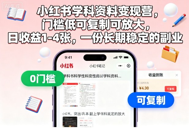 小红书学科资料变现营，门槛低可复制可放大，日收益1-4张，一份长期稳定的副业-聊项目