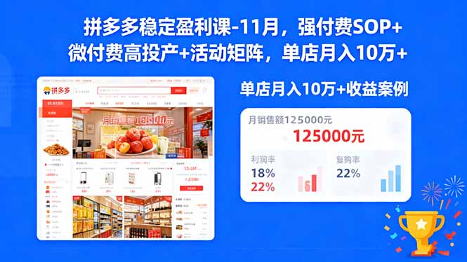 拼多多稳定盈利课-11月，强付费SOP+微付费高投产+活动矩阵，单店月入10万+-聊项目