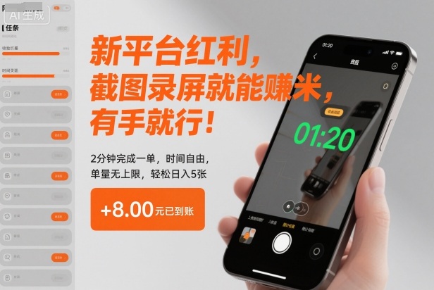 新平台红利，截图录屏就能賺米，有手就行！2分钟完成一单，时间自由，单量无上限，轻松日入5张【揭秘】-聊项目