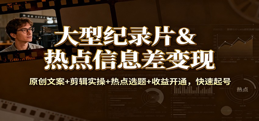 大型纪录片&热点信息差变现：原创文案+剪辑实操+热点选题+收益开通，快速起号-聊项目