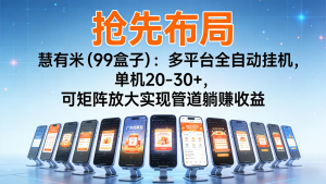 抢先布局慧有米(99盒子)：多平台全自动挂机，单机20-30+，可矩阵实现管道躺赚-聊项目