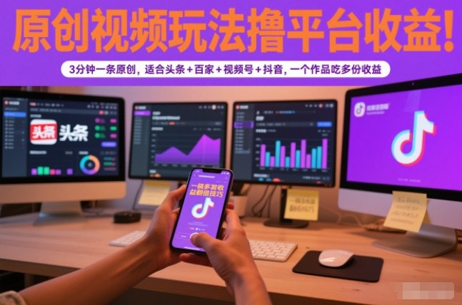 原创视频玩法撸平台收益，3分钟一条原创，适合头条+百家+视频号+抖音，一个作品吃多份收益-聊项目