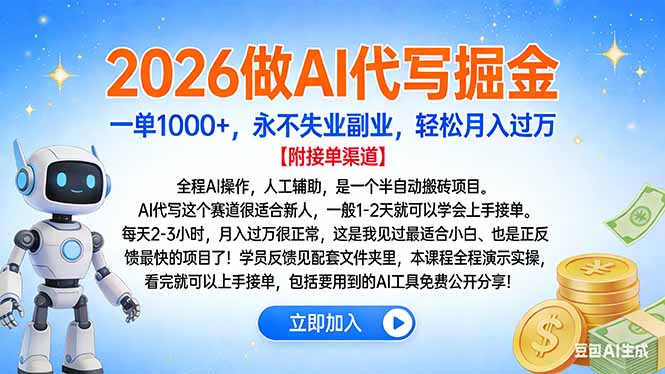 2026做AI代写掘金，一单1000+，永不失业副业，轻松月入过万-聊项目