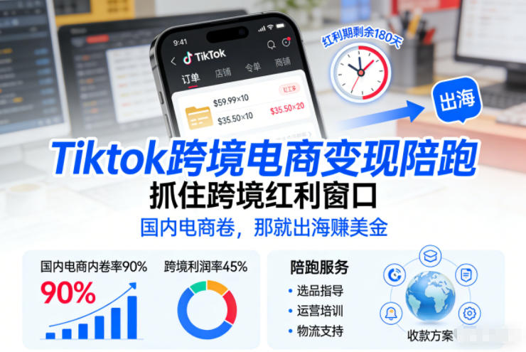 Tiktok跨境电商变现陪跑，抓住跨境红利窗口，国内电商卷，那就出海賺美金-聊项目