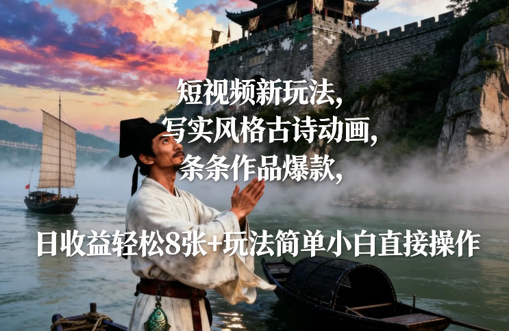 短视频新玩法，写实风格古诗动画，条条作品爆款，日收益轻松8张+玩法简单小白直接操作-聊项目