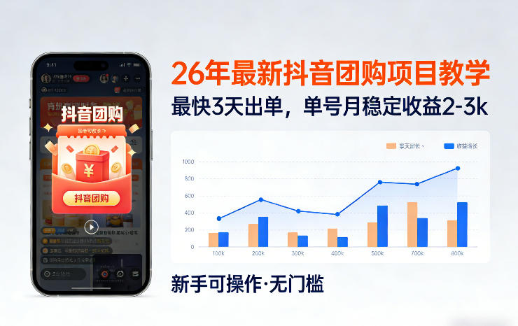 26年最新抖音团购项目教学，0门槛，最快3天出单，单号月稳定收益2-3k-聊项目
