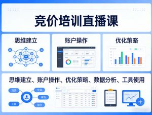 竞价培训直播课,覆盖思维建立、账户操作、优化策略、数据分析、工具使用等,全方位提升效果-聊项目