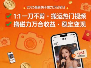 2026年最新快手磁力万合项目，1比1一刀不剪搬运热门视频，撸磁力万合收益-聊项目