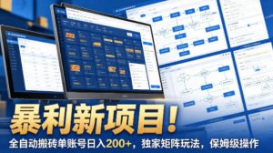 暴利新项目！全自动搬砖单账号日入200+，独家矩阵玩法，保姆级操作【揭秘】-聊项目