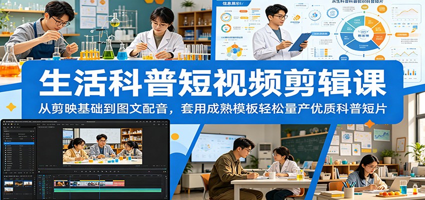 生活科普短视频剪辑课:从剪映基础到图文配音,套用成熟模板轻松量产优质科普短片-聊项目