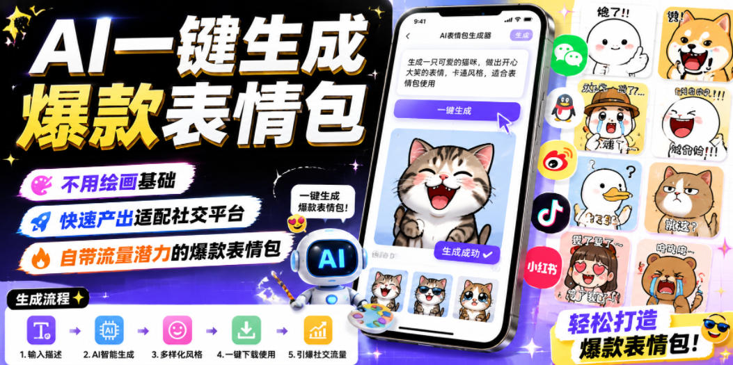 AI一键生成爆款表情包，不用绘画基础，快速产出适配社交平台，自带流量潜力的爆款表情包-聊项目