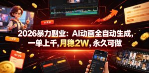 2026暴力副业：AI动画全自动生成，一单上千，月稳2W，永久可做【揭秘】-聊项目