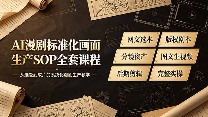 AI漫剧标准化画面生产SOP全套课程，网文选本版权剧本分镜资产全覆盖，图文生视频后期剪辑完整实操教学-聊项目