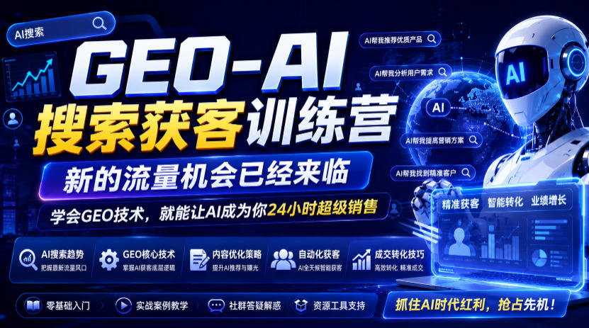 GEO-AI搜索获客训练营，新的流量机会已经来临，学会GEO技术，就能让AI成为你24小时超级销售-聊项目