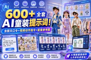 600+全套AI童装提示词!含图文口令+视频动作指令+配套参考图,Word-Excel规整分类,童装电商、种草无脑量产内容!-聊项目