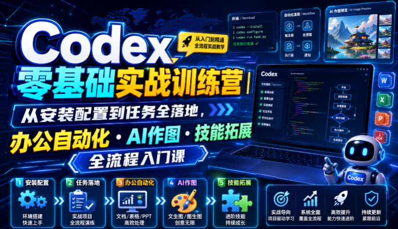 Codex零基础实战训练营｜从安装配置到任务全落地，办公自动化・AI作图・技能拓展全流程入门课-聊项目