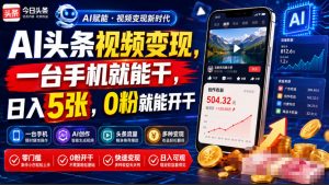 AI头条视频变现,一台手机就能干,日入5张,0粉就能开干-聊项目