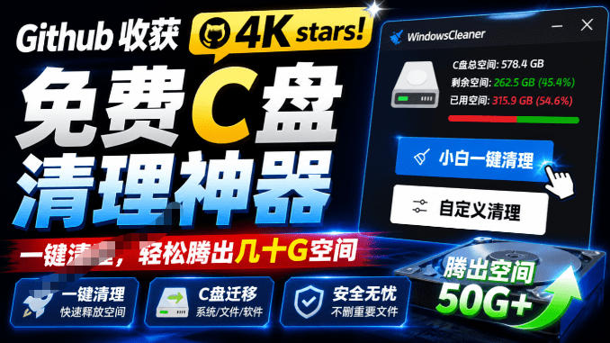 Github收获4K stars！免费C盘清理神器，轻松腾出几十G空间，支持C盘迁移Windows Cleaner-聊项目