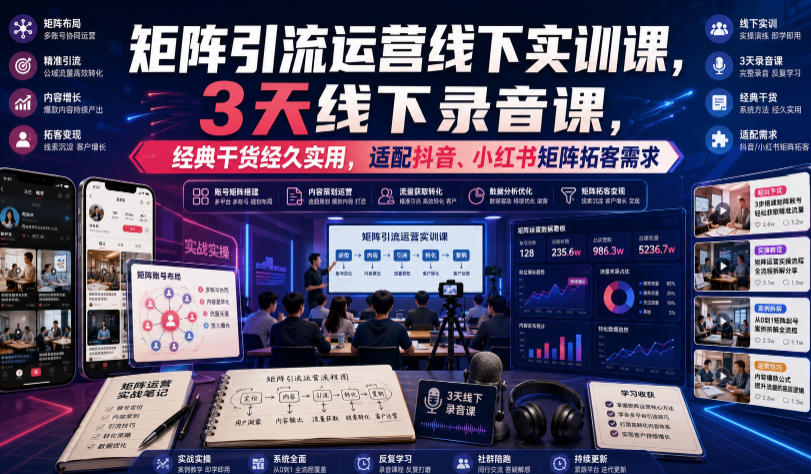 嗨推矩阵引流运营线下实训课，3天线下录音课，经典干货经久实用，适配抖音、小红书矩阵拓客需求-聊项目