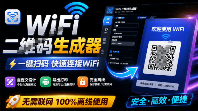 完全离线使用！WiFi二维码生成器，一键扫码快速连接WiFi，支持自定义风格导出WiFi二维码生成器-聊项目