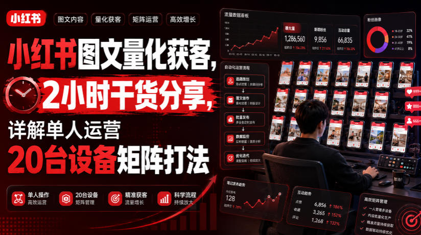 小红书图文量化获客，2小时干货分享，详解单人运营20台设备矩阵打法-聊项目