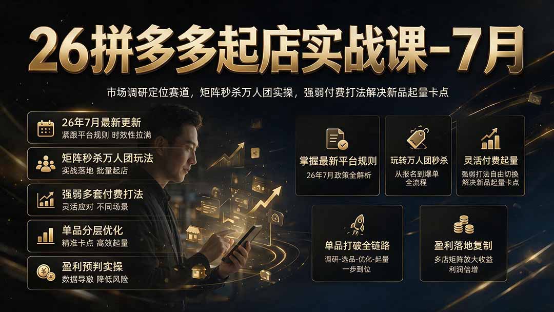 26拼多多起店实战课-7月｜市场调研定位赛道，矩阵秒杀万人团实操，强弱付费打法解决新品起量卡点-聊项目