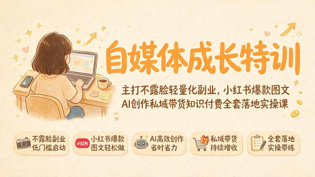 自媒体成长特训｜主打不露脸轻量化副业，小红书爆款图文AI创作私域带货知识付费全套落地实操课-聊项目
