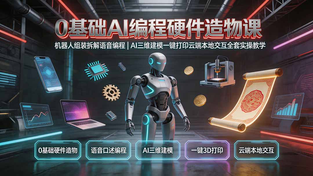 0基础AI编程硬件造物课｜机器人组装拆解语音编程，AI三维建模一键打印云端本地交互全套实操教学-聊项目