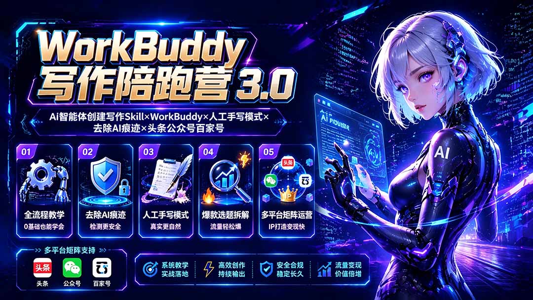 WorkBuddy写作陪跑营3.0-更新：Ai智能体创建写作Skill×WorkBuddy×人工手写模式×去除AI痕迹×头条公众号百家号-聊项目