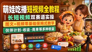 萌娃吃播短视频全教程|长短视频双赛道实操,图文+视频零基础保姆式教学,伙伴计划-收徒-商单等多种变现方式-聊项目