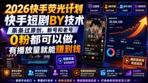 2026快手荧光计划，快手短剧搬运技术，条条过原创，新号和老号0粉都可以做，有播放量就能賺到钱-聊项目