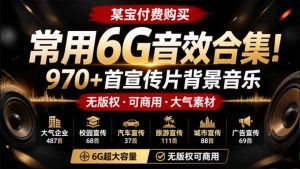 某宝付费购买，常用6G音效合集！970+首宣传片背景音乐，无版权可商用大气素材，分类清晰，高质量内容-聊项目