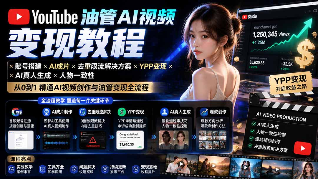YouTube油管AI视频变现教程-更新：账号搭建×AI成片×去重限流解决方案×YPP变现×AI真人生成×人物一致性-聊项目