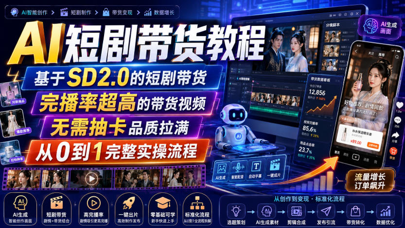 AI短剧带货教程，基于SD2.0的短剧带货，完播率超高的带货视频，无需抽卡品质拉满，从0到1完整实操流程-聊项目