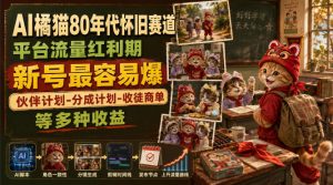 AI橘猫80年代怀旧赛道,平台流量红利期,新号最容易爆,伙伴计划-分成计划-收徒商单等多种收益-聊项目