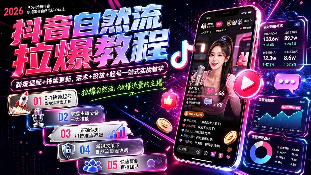 抖音自然流拉爆教程-更新8月：做懂流量的主播，新规适配+持续更新，话术+投放+起号一站式实战教学-聊项目