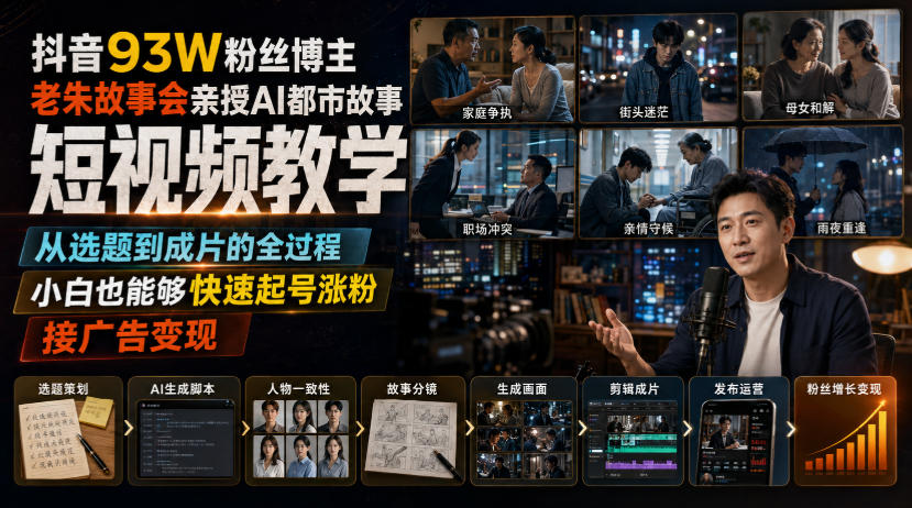抖音93W粉丝博主老朱故事会亲授AI都市故事短视频教学，从选题到成片的全过程，小白也能够快速起号涨粉接广告变现-聊项目