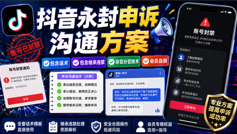 抖音永封申诉沟通方案，包含话术，包含继承违禁，非百分百技术，会员自测-聊项目
