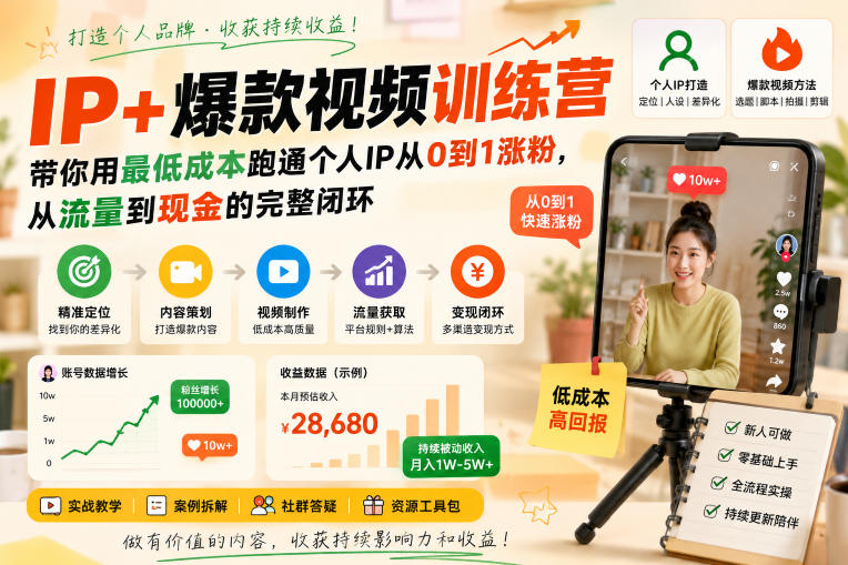 IP+爆款视频训练营，带你用最低成本跑通个人IP从0到1涨粉，从流量到现金的完整闭环-聊项目
