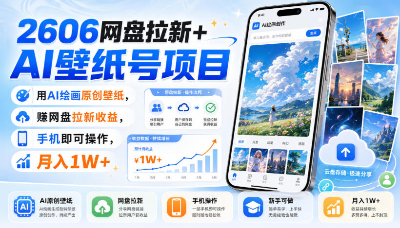 2606网盘拉新+AI壁纸号项目，用AI绘画原创壁纸，賺网盘拉新收益，手机即可操作，月入1W+-聊项目