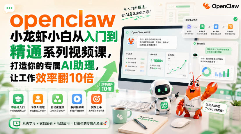 openclaw小龙虾小白从入门到精通系列视频课，打造你的专属AI助理，让工作效率翻10倍-聊项目