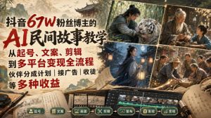 抖音67W粉丝博主的AI民间故事教学,从起号、文案、剪辑到多平台变现全流程,伙伴分成计划接广告等多种收益,月入1W+-聊项目