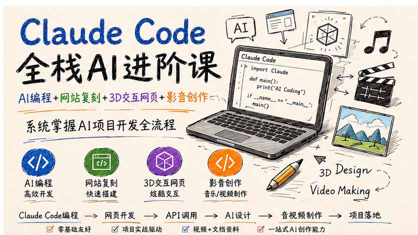Claude Code全栈AI进阶课；AI编程+网站复刻+3D交互网页+影音创作，系统掌握AI项目开发全流程-聊项目