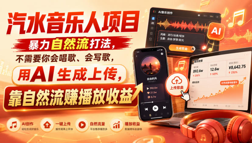 汽水音乐人项目，暴力自然流打法，不需要你会唱歌、会写歌，用AI生成上传，靠自然流賺播放收益-聊项目