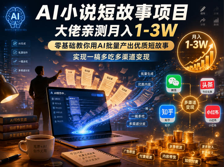 AI小说短故事项目，大佬亲测月入1-3W，零基础教你用AI批量产出优质短故事，实现一稿多吃多渠道变现(更新0824)-聊项目