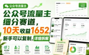 公众号流量主细分赛道,10天收益1652,新手可以复制,详细拆解-聊项目