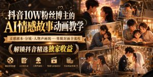抖音10W粉丝博主的AI情感故事动画教学，灵感剧本‑分镜‑人物声画统一‑剪辑封面全流程，解锁抖音精选独家收益-聊项目